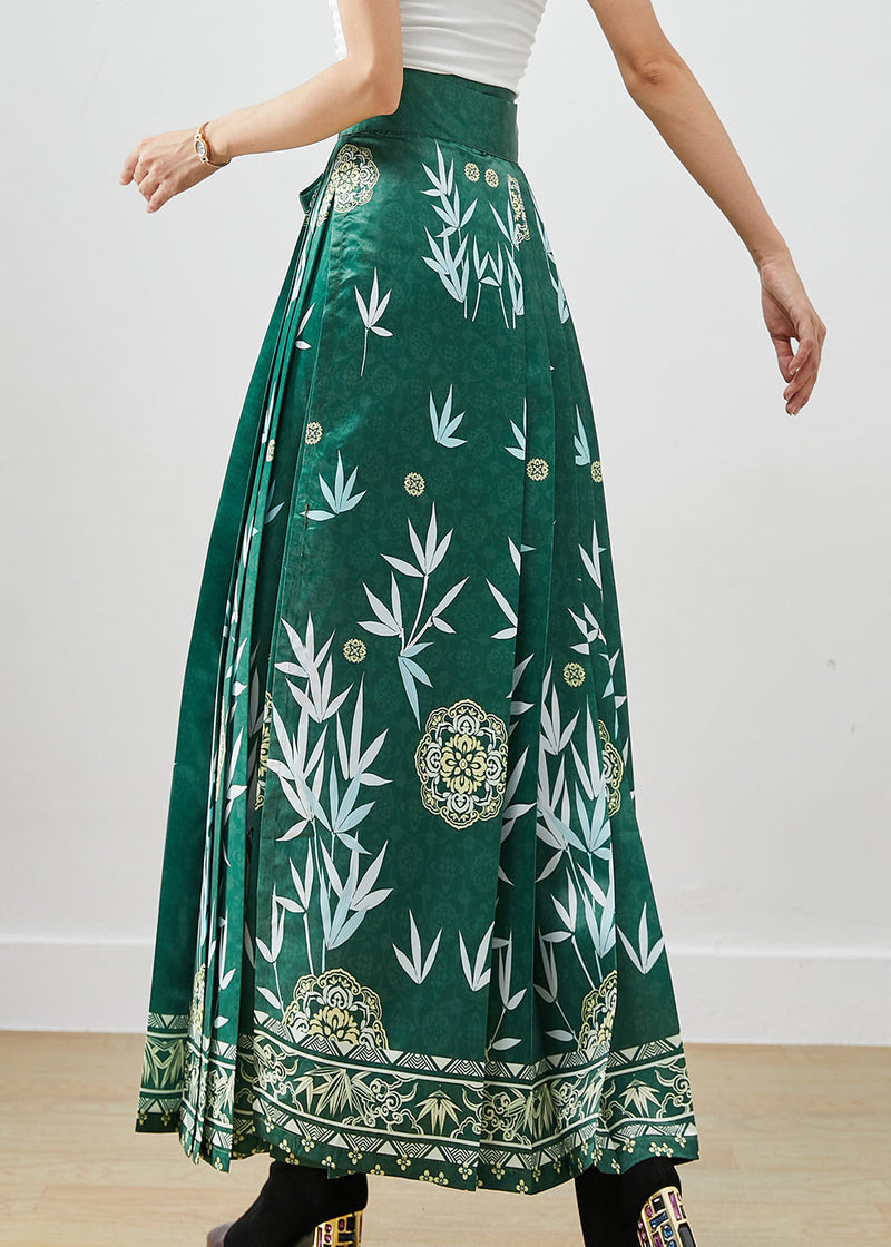 Green Bamboo Leaf Print Exra Large Hem Silk Pleated Skirts Fall