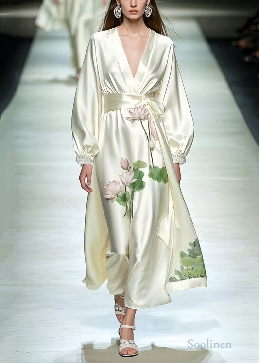 Milk White Tunic Lotus Flower Print Silk Dresses Spring