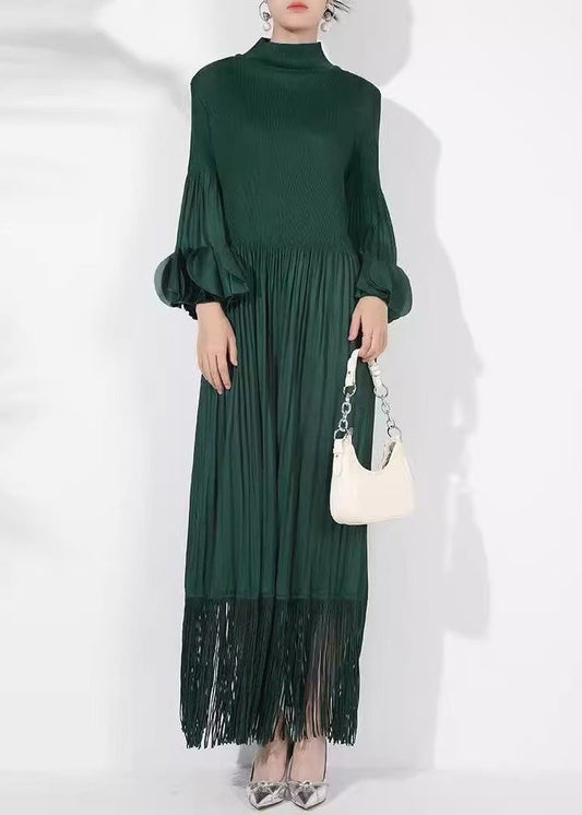 Loose Blackish Green Wrinkled Cotton Long Dress Petal Sleeve