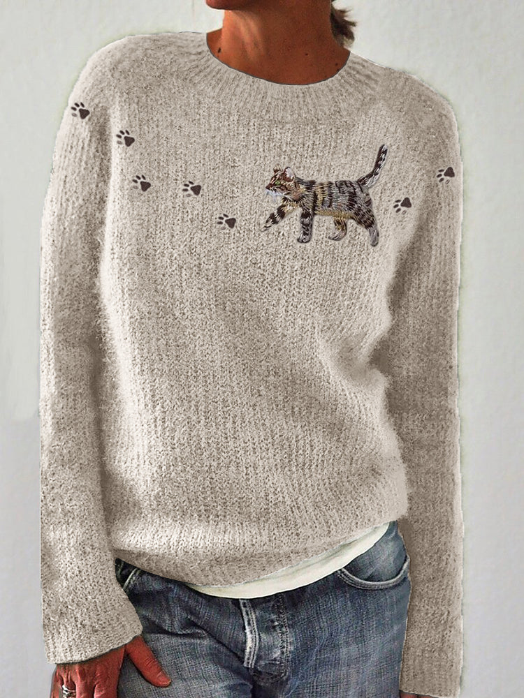 Comstylish Cat & Paw Prints Yoke Embroidered Cozy Knit Sweater