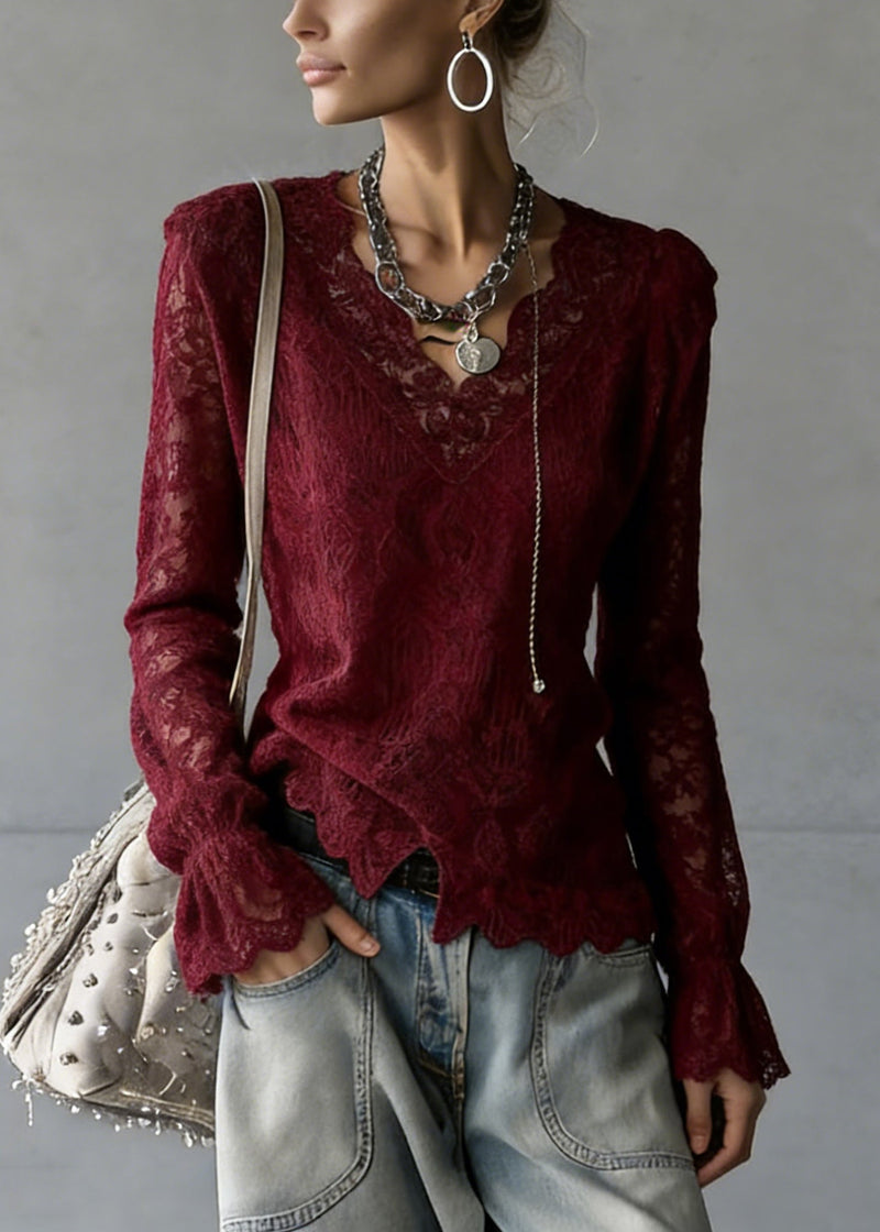 Slim Fit Wine Red V Neck Top Flare Sleeve