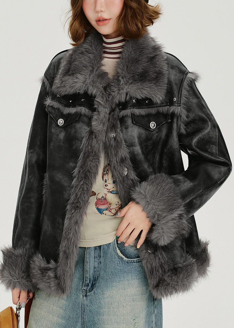 Grey Oversized Tie Dye Faux Leather Jackets Winter