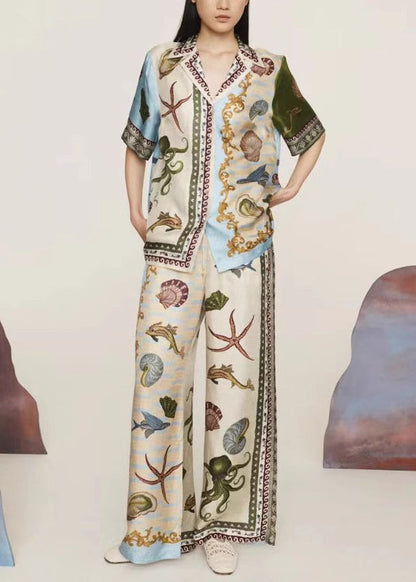 Apricot Peter Pan Collar Button Shirts and Wide Leg Pants Two-piece Set Summer