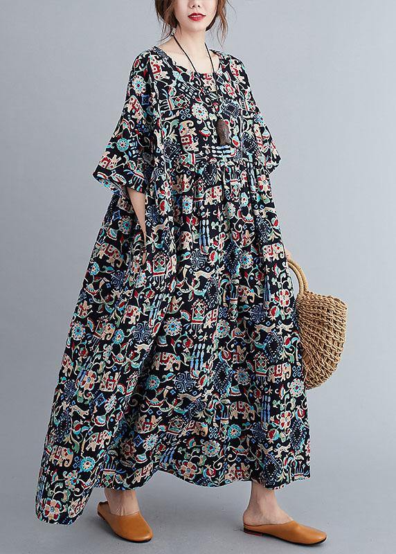 Art Black Print Loose O-neck Summer Half Sleeve Dresses