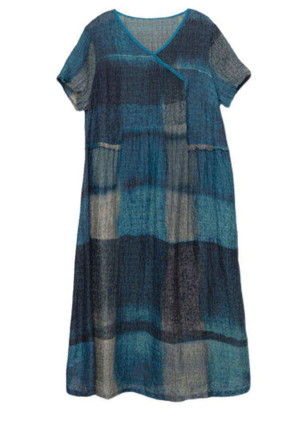 Blue Pockets V Neck Plaid Linen Vacation Dresses Short Sleeve