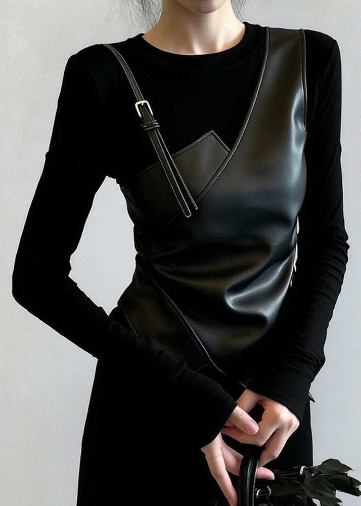 Slim Fit Black O-neck Faux Leather Patchwork False Two Pieces T Shirt Spring