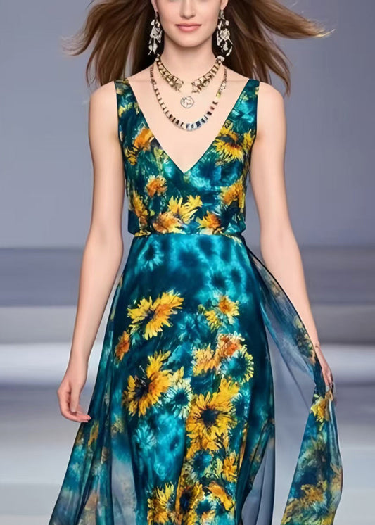 Peacock Blue Chrysanthemum Print Chiffon Dress Summer