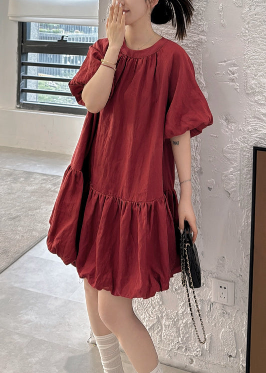 Wine Red Back Button Linen Dresses O Neck Puff Sleeve