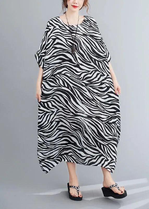 Handmade Striped Dresses O Neck Batwing Sleeve Loose Summer Dress