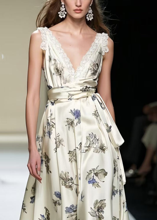 Champagne Print Exra Large Hem Silk Party Dress Summer