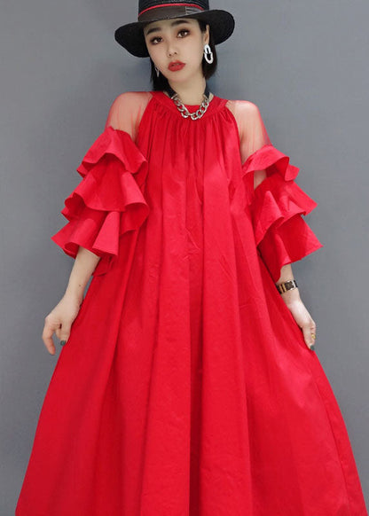 Modern Red Wrinkled Tulle Patchwork a Line Skirts Butterfly Sleeve