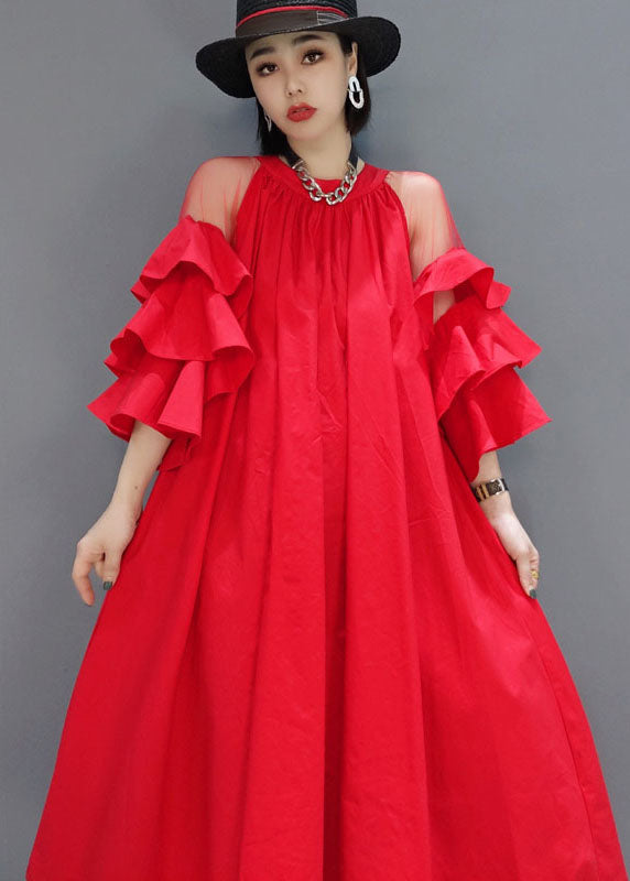 Modern Red Wrinkled Tulle Patchwork a Line Skirts Butterfly Sleeve