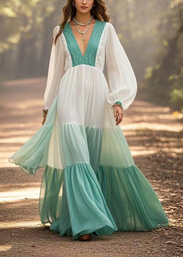 Gradient Color Exra Large Hem Cotton Long Dresses Spring