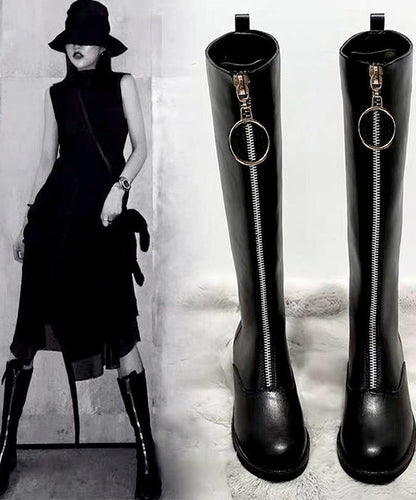 Black Zippered Cowhide Leather Knee Boots