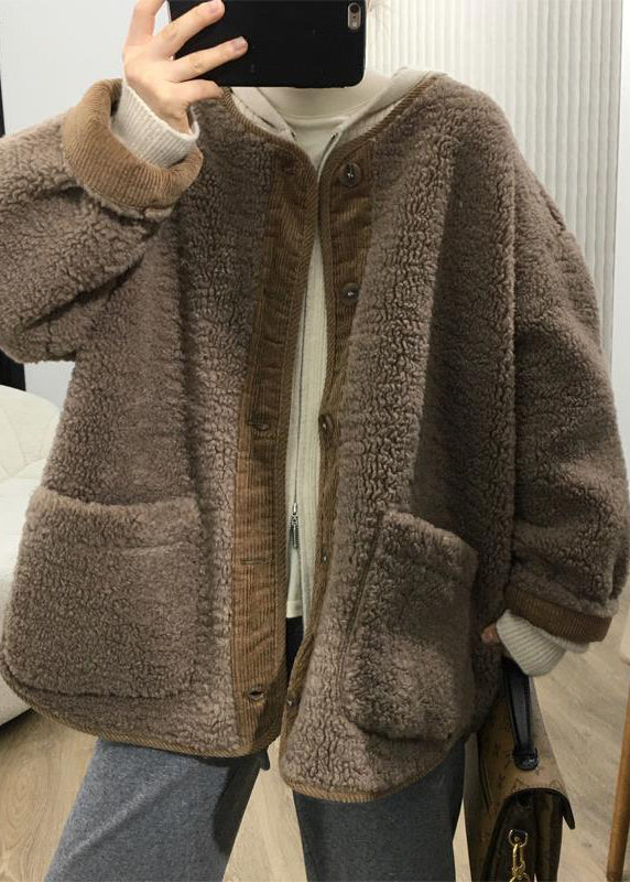 Loose Coffee Button Pockets Teddy Faux Fur Coats Fall