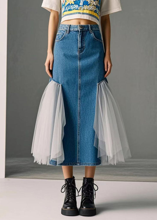 Blue High Waist Patchwork Tulle Denim Wraped Skirts Spring