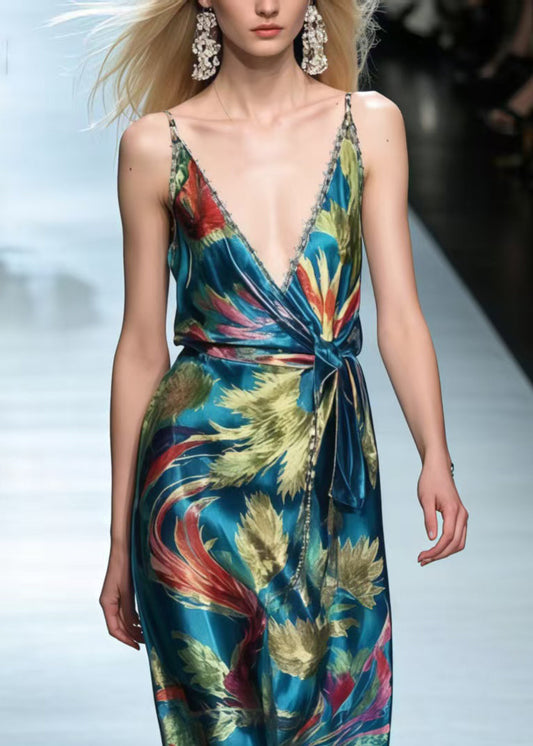 Peacock Green Phoenix Print Silk Cami Dress Summer