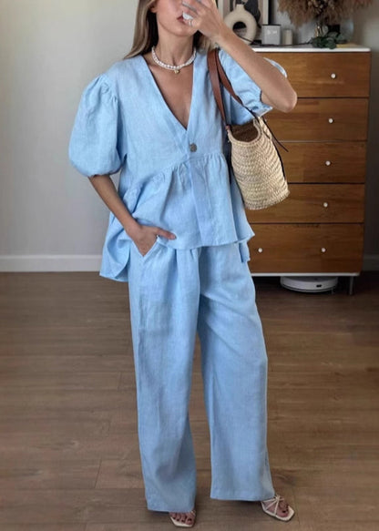 Brief Blue V Neck Shirts and Wide Leg Pants Two Piece Set Short Sleeve