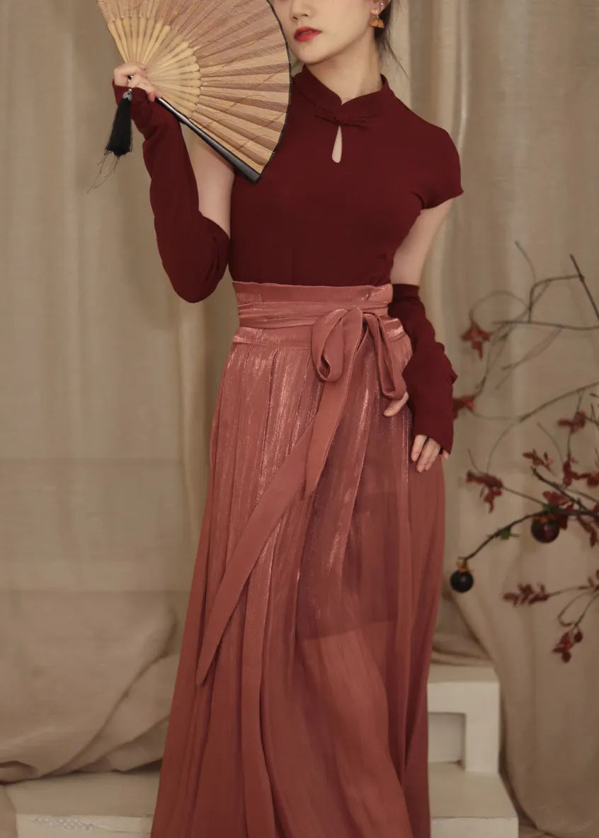 Red Stand Collar Button Top and Maxi Skirts Two Piece Set Spring