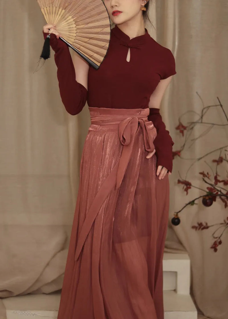 Red Stand Collar Button Top and Maxi Skirts Two Piece Set Spring