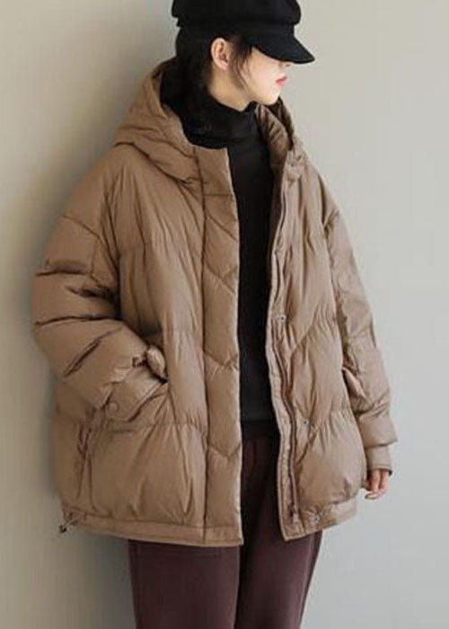 Khaki Duck Down Puffer Jacket Hooded Pockets Winter