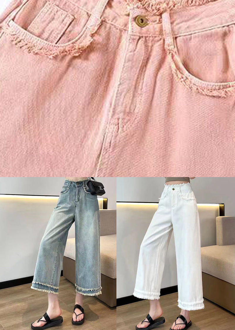 Pink Tasseled High Waist Denim Wide Leg Pants Spring