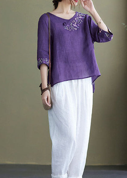 Diy Purple Embroidered Side Open Half Sleeve Top