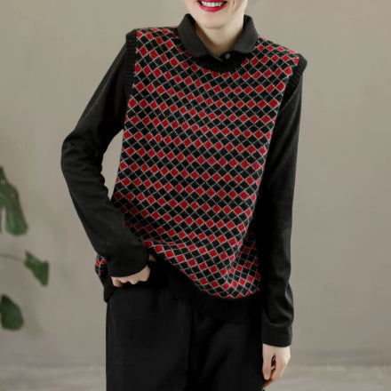 Plaid Round Neck Warm Knitted Sweater Vest