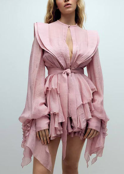 Pink Ruffled Cotton Mini Dress Lantern Sleeve