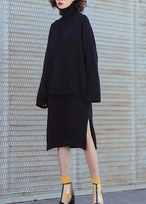 Set Female Large Size Turtleneck Sweater Suit Skirt Black Two-piece Long Paragraph Over the Knee