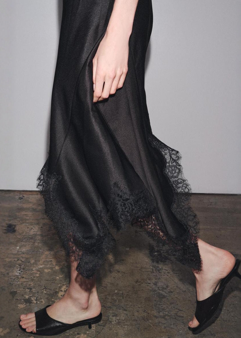 Black Asymmetrical Lace Patchwork Silk Dresses Sleeveless