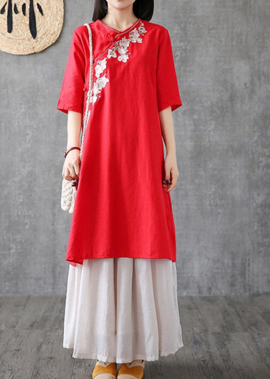 Red Cotton Dresses Embroidery Chinese Button Short Dress