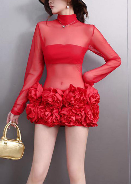 Red Patchwork Sheer Tulle Holiday Mid Dress Fall