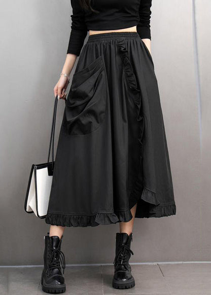 Stylish Black Ruffled Patchwork Pockets Elastic Waist a Line Skirts Spring