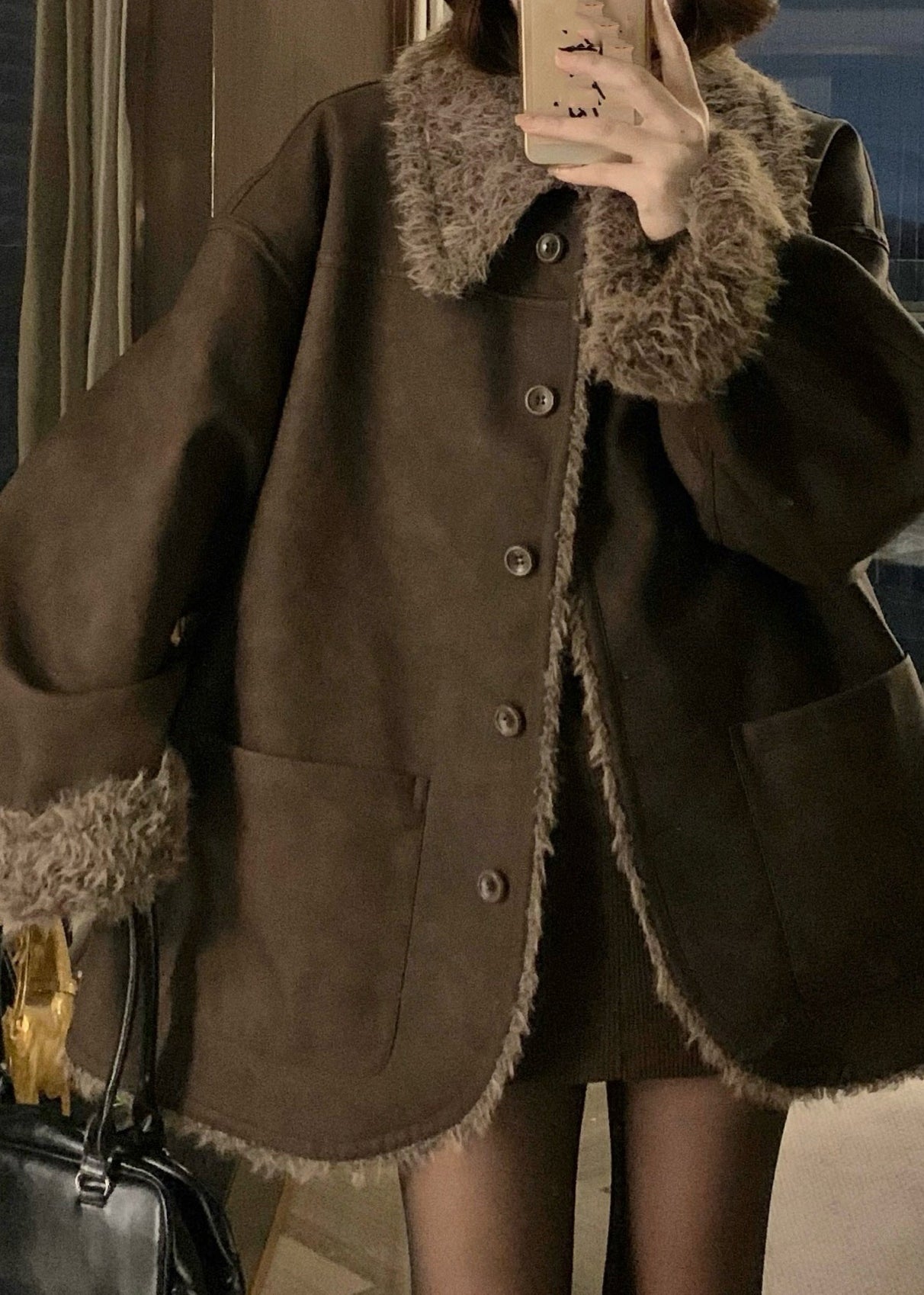 Coffee Peter Pan Collar Button Wear on Both Sides Thick Leather and Fur Coats Winter