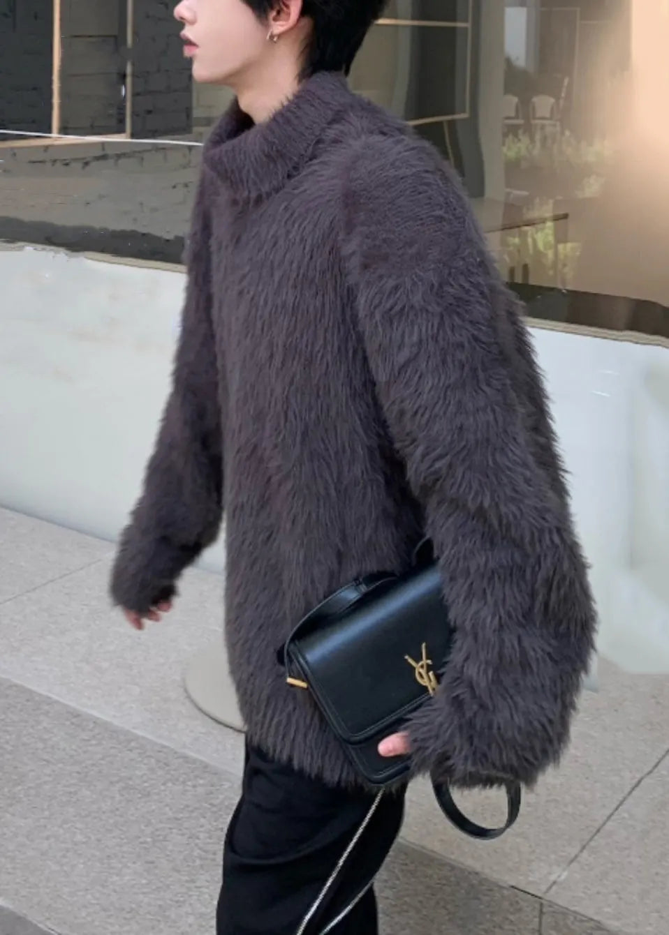 Simple Dark Gray Mink Hair Knitted Sweaters Turtleneck Winter