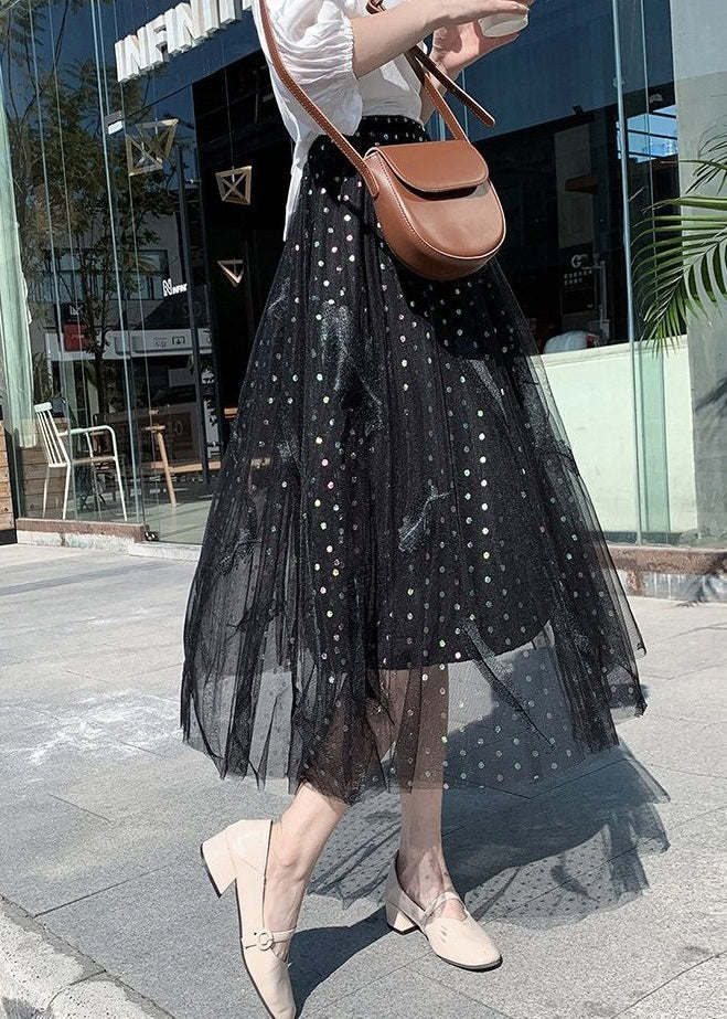 Black Embroidered High Waist Tulle a Line Skirts