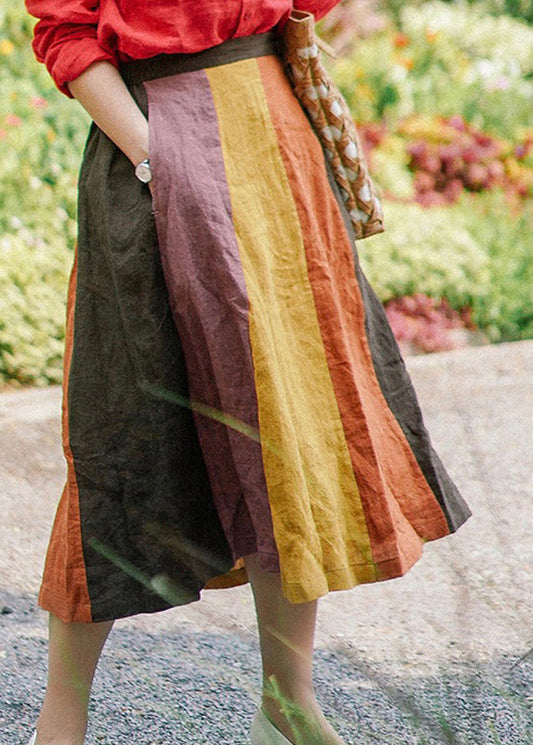 Orange Elastic Waist Patchwork Linen a Line Skirt Spring
