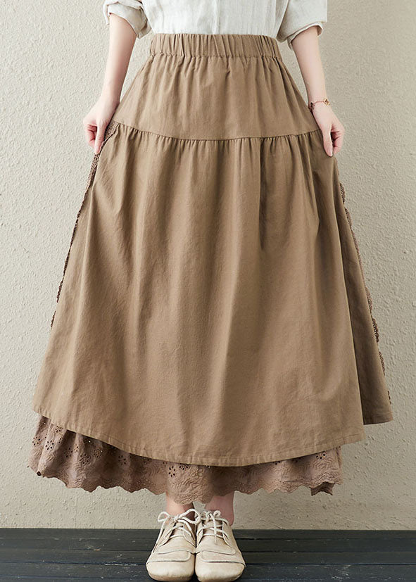 Khaki Elastic Waist Lace Patchwork Linen a Line Skirts Summer