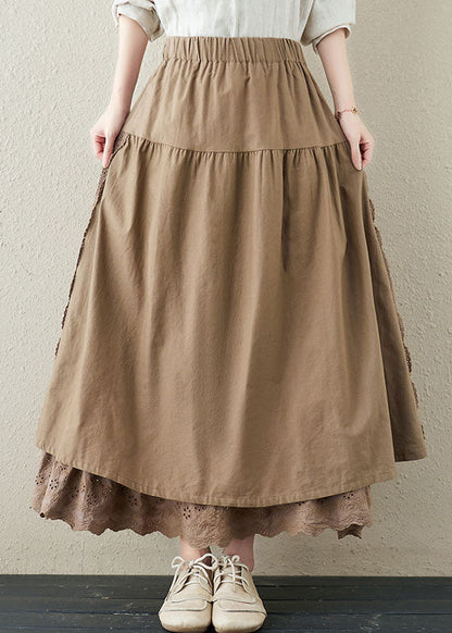 Khaki Elastic Waist Lace Patchwork Linen a Line Skirts Summer