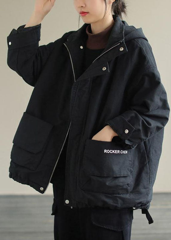 Unique Black Hooded Pockets Winter Cotton Coat Long Sleeve