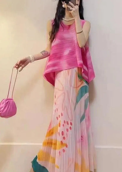 Stylish Pink Gradient Print Tops and Skirts 2 Piece Outfit Summer