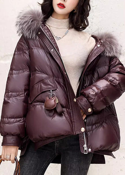 Coffee Fox Collar Zippered Duck Down Jackets Long Sleeve