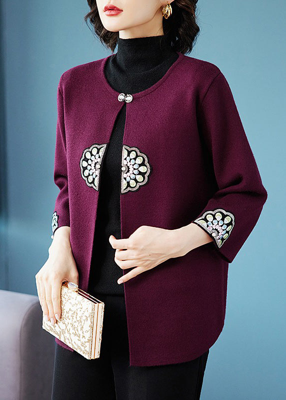 Art Navy O-neck Print Knit Coats Three Quarter Sleeve