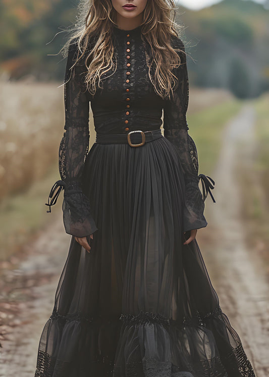 Black Lace Patchwork Wrinkled Cotton Maxi Dresses Spring