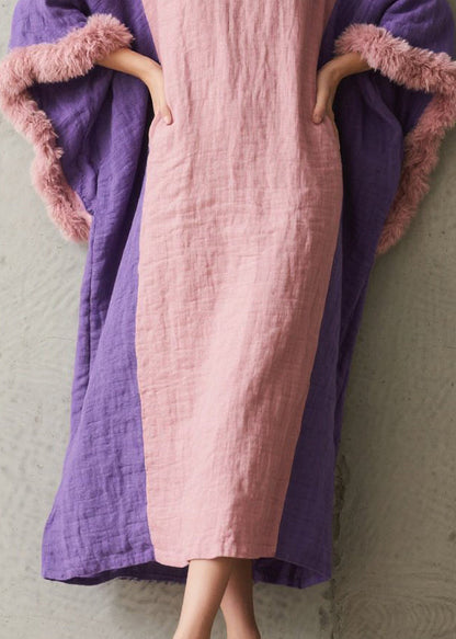 Art Colorblock Oversized Patchwork Faux Fur Maxi Dresses Batwing Sleeve