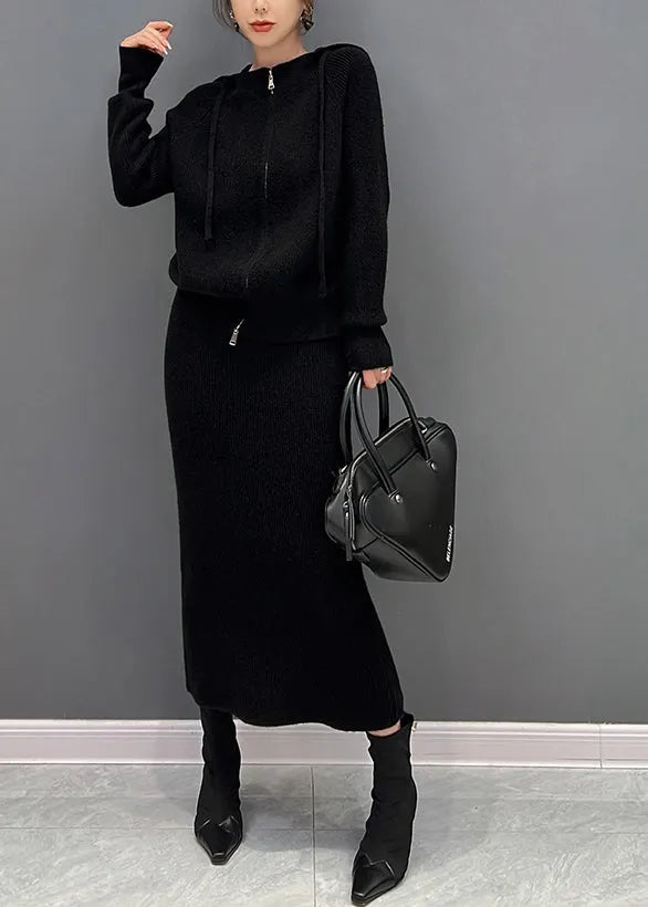 Black Drawstring Hooded Knit Sweaters and Maxi Skirts Two Piece Set Winter