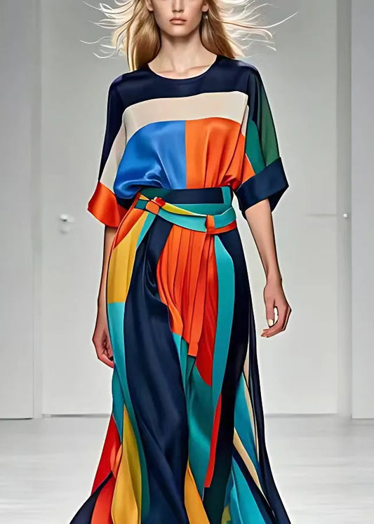 French Print Tops and High Waist Skirts Silk Two Pieces Set Half Sleeve