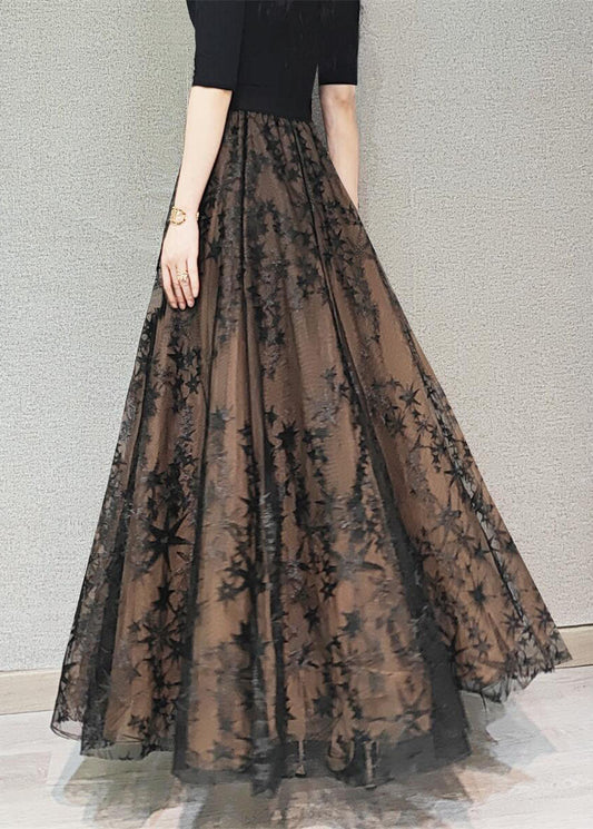 Diy Chocolate Wrinkled Embroideried High Waist Tulle Skirt Spring