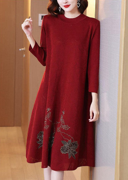 Stylish Red O-neck Embroidered Knit Sweater Dress Spring